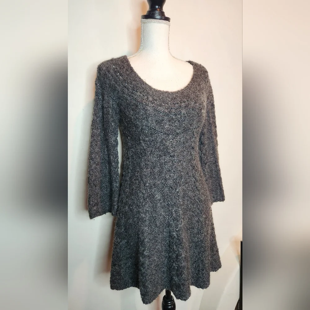 Free People Wool Chunky Cable Knit Gray Bell Sleeve Winter Mini Dress | Small - Picture 2 of 9